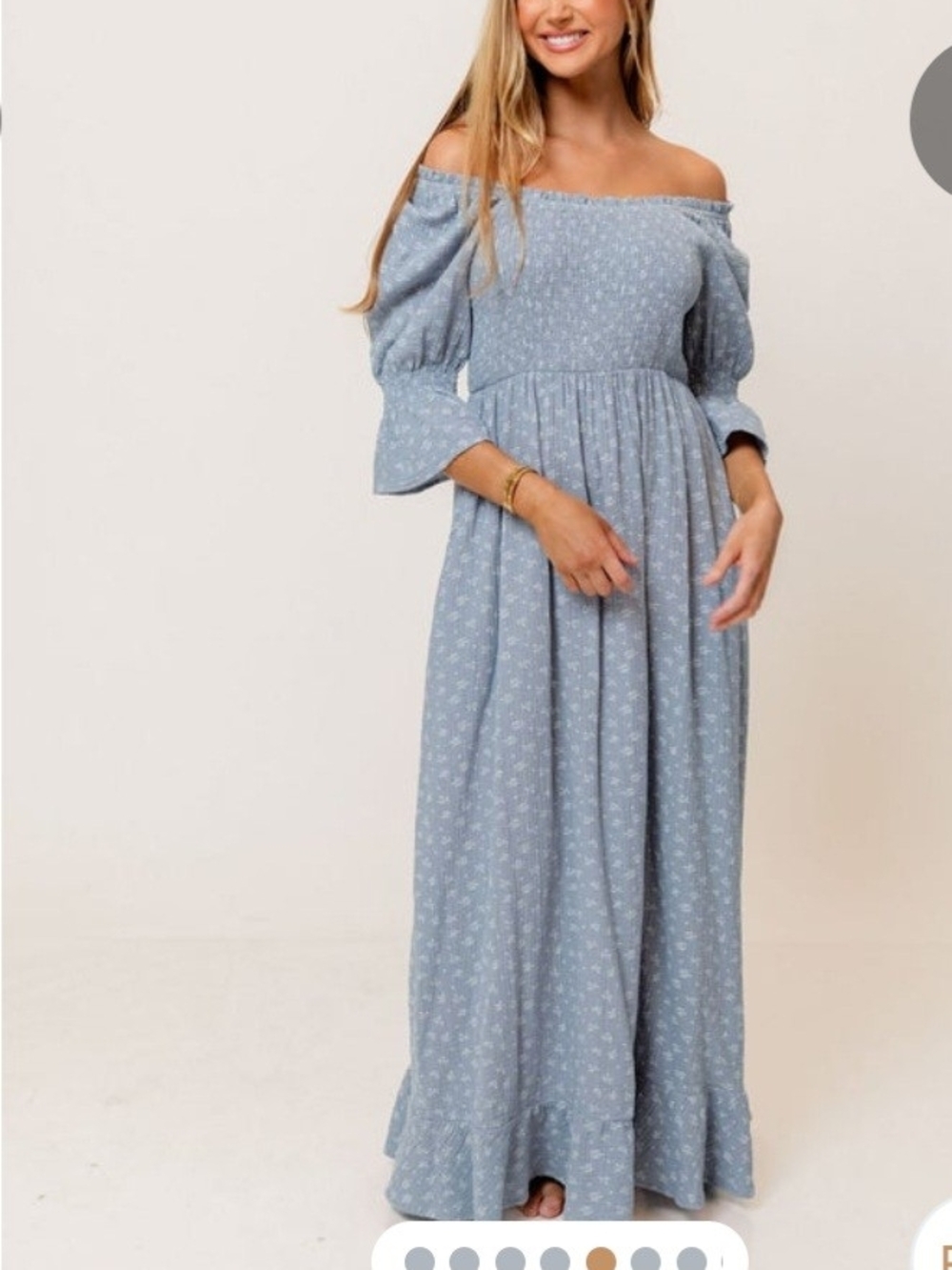 Smocked Off-Shoulder Dusty Blue Floral Maxi Dress - Picture 2 of 4